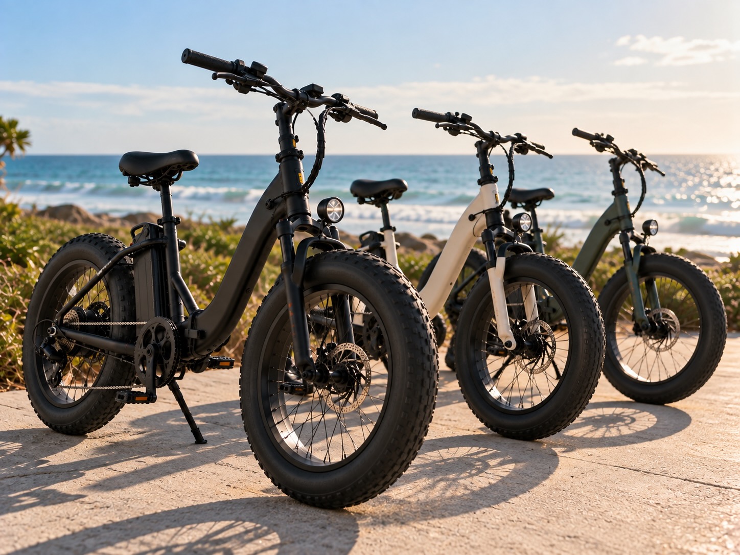 A lineup of fat-tire e-bikes by the ocean